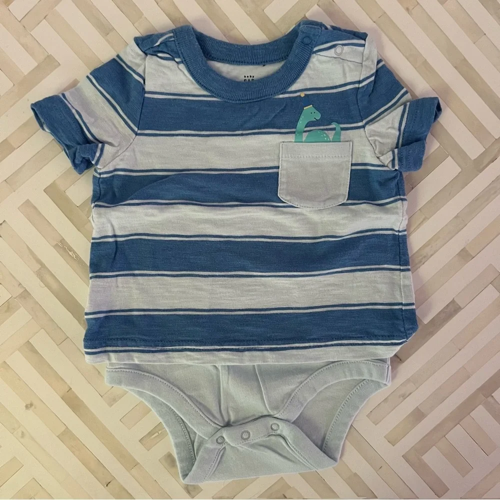 GAP Baby Dino Blue Striped Onesie Tee, 3-6mo